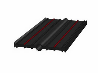 Reinforced rubber waterstop with center bulb, two orange swelling strips and four stems.