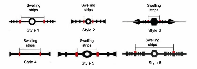 The picture shows six different rubber waterstops with swelling strips on different places.